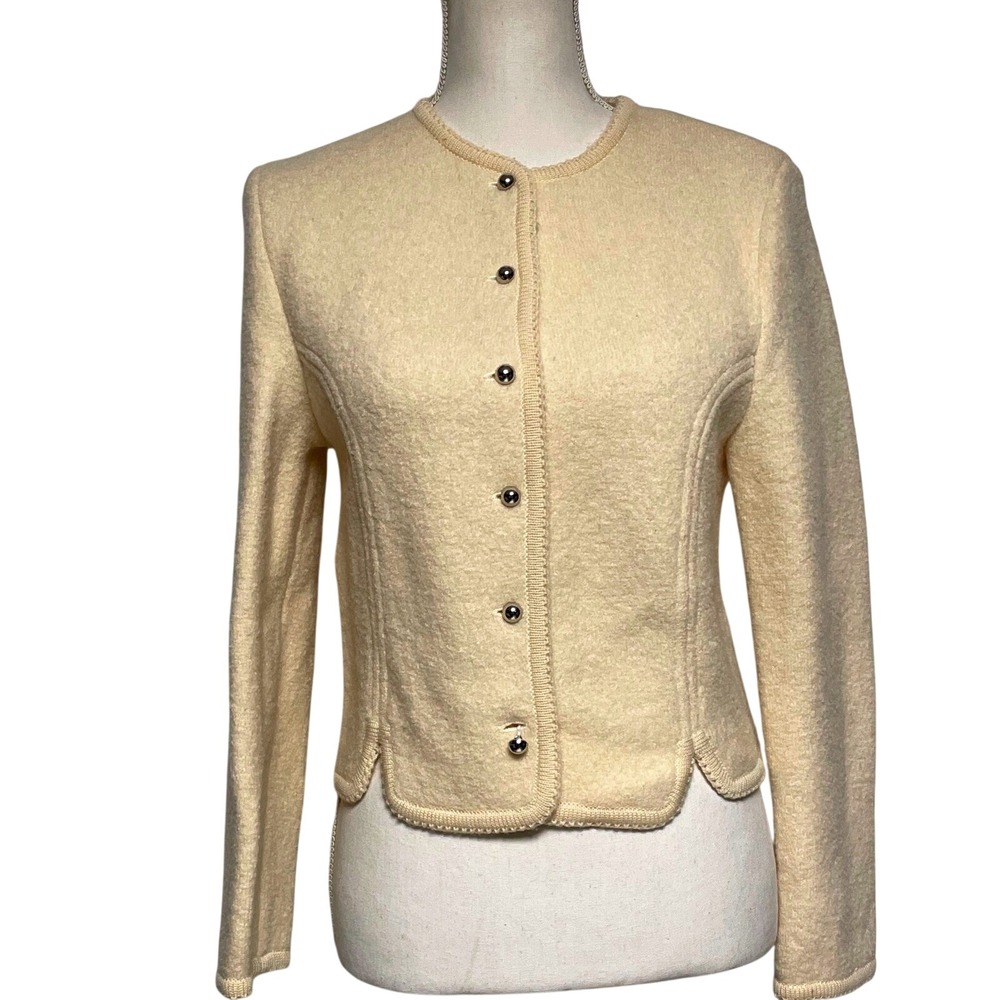 Caroll Reed Vintage Ski Shops Cream Wool Button Up Fitted Sweater Women's 8